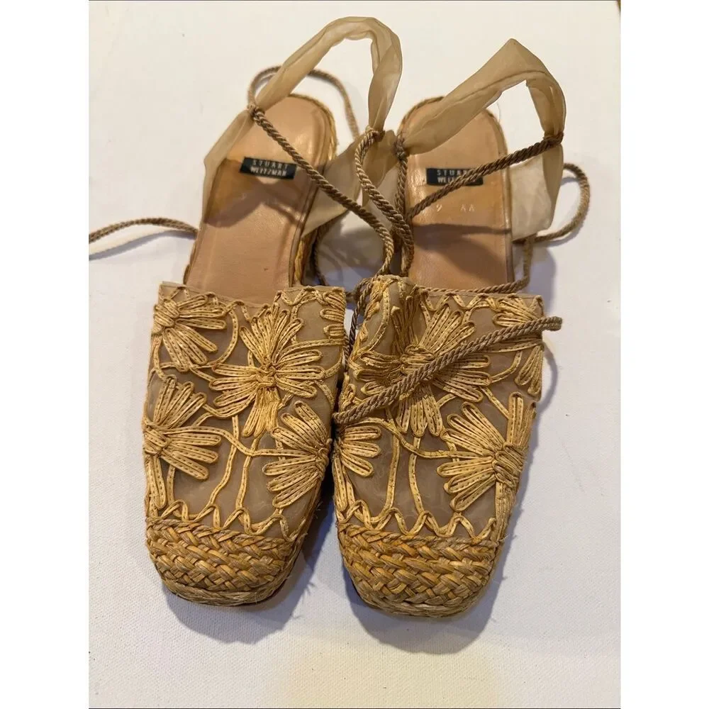 Stuart Weitzman Beige Tan Floral Rope Espadrille Sandals